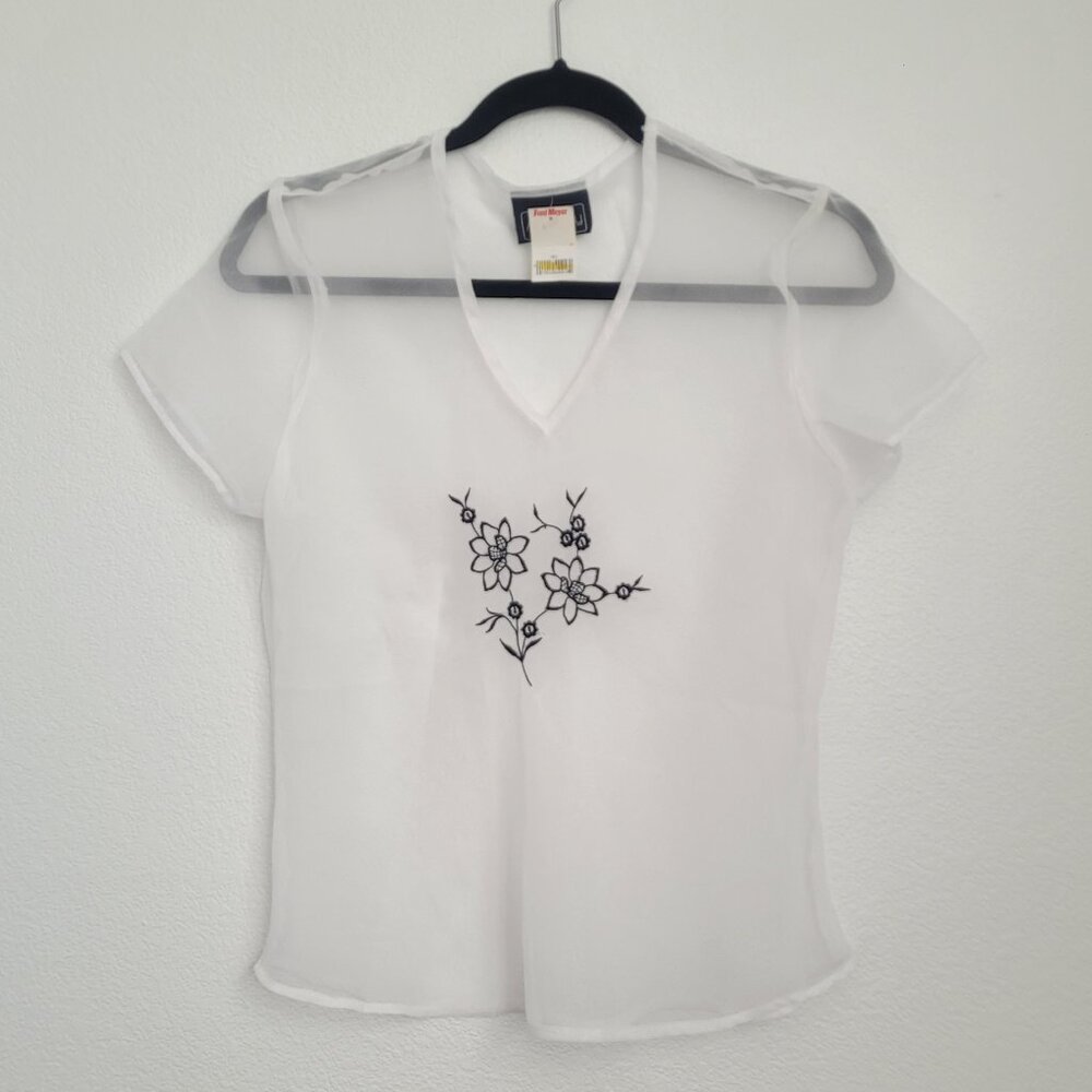 Vintage 90s Y2k Anxiety White Mesh Shirt Embroidered Flower Size